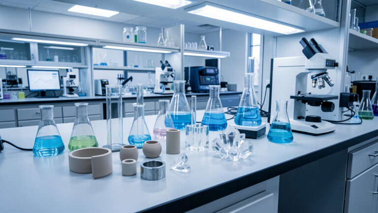 Échantillons de zirconium, composants en céramique et instruments de laboratoire dans un environnement moderne de recherche en chimie et sciences des matériaux.